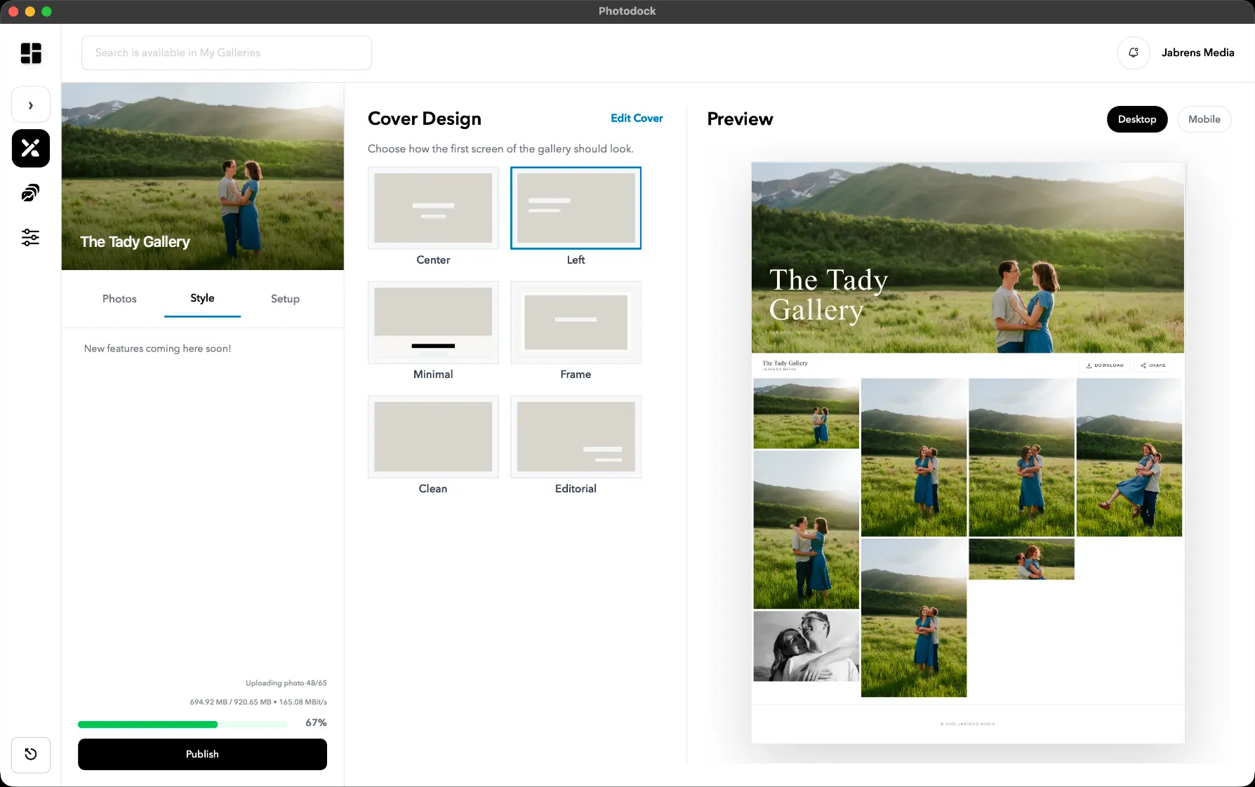 The PhotoDock app for macOS, designing a gallery cover
